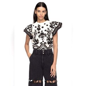 Sea New York Joelle Appliqué Flutter Embroidered Top Black White Large